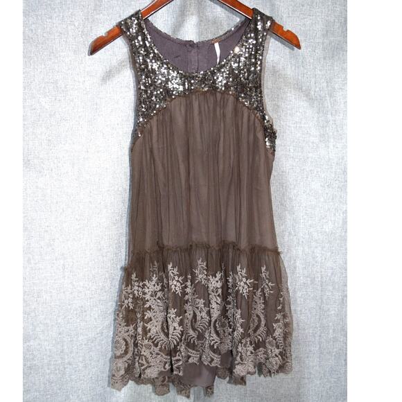 Free People Brown Sequin & Embroidered Mesh Dress Size M - Picture 1 of 3